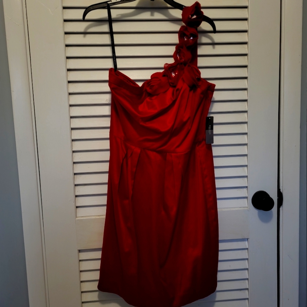 Bisou Bisou Women's Formal Cocktail Dress size 14 Red Satin Rhinestones NWT HOCO